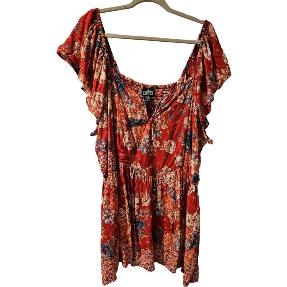 Angie Floral printed boho short‎ sleeve blouse womens 3X Red Flutter Sleeve NWT